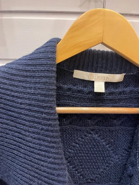 Nordstrom Collection Navy Cable Knit Cardigan Size L Sailor Collar Button-Up - Picture 2 of 7